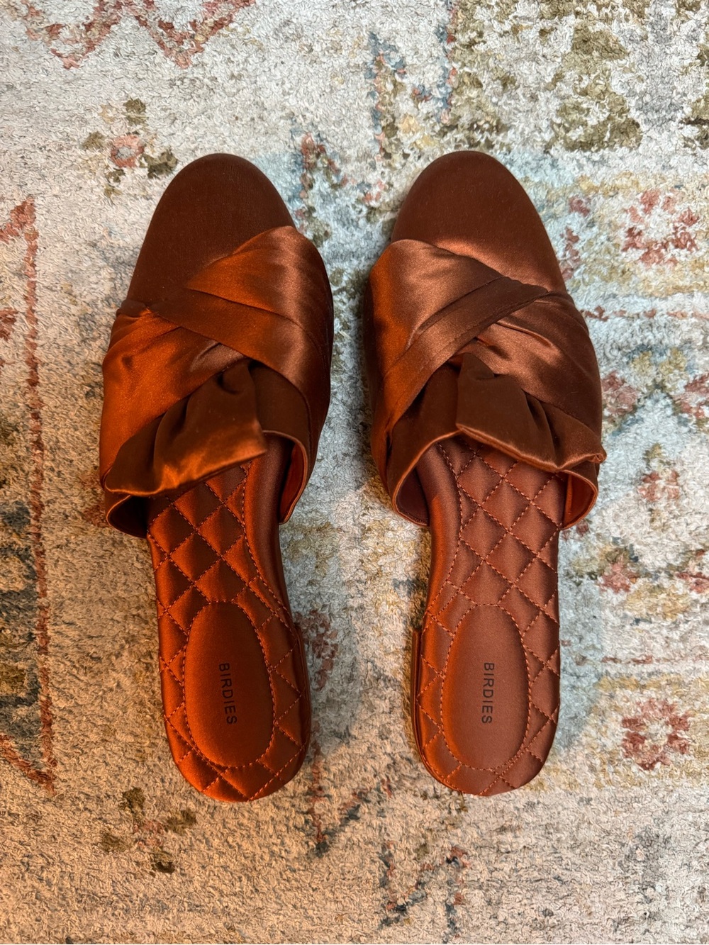 Birdies ‘Songbird’ Satin Knot Slide Mules in Copper - Never Worn